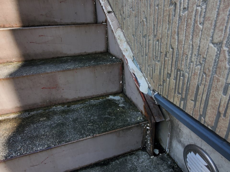 階段は、苔と錆び。外壁塗装｜塗料は無機フッ素